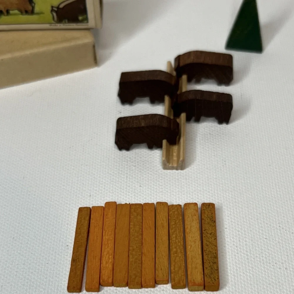 Vintage Wooden Buffalo Play Set w/ 4 Figures, Fence & Tree, Made Western Germany